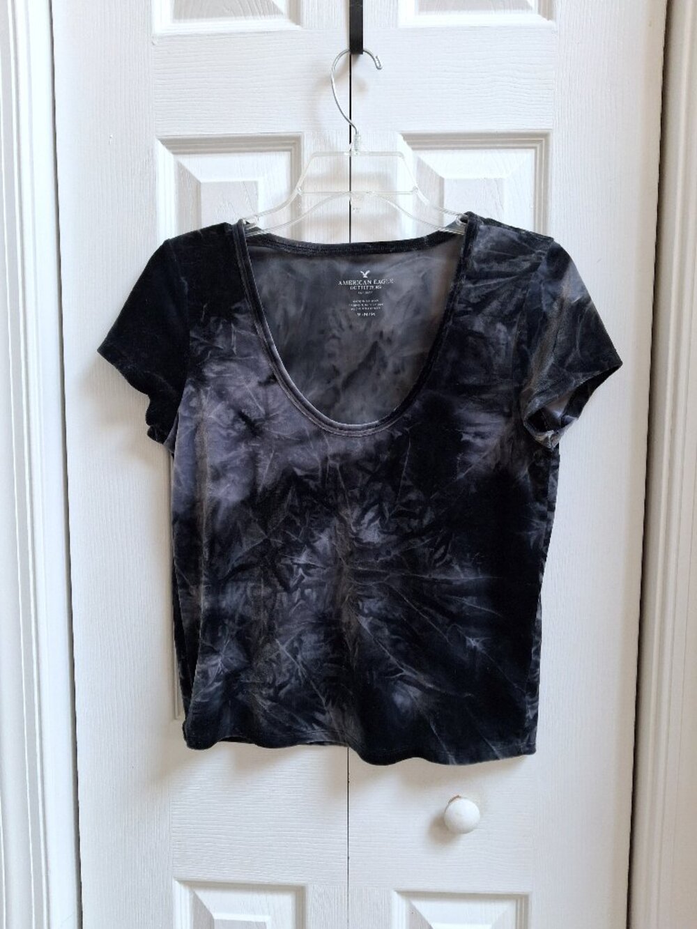 AMERICAN EAGLE Womens Black/Gray Tie Dye Velvet Scoop Neck Short Sleeve Top M